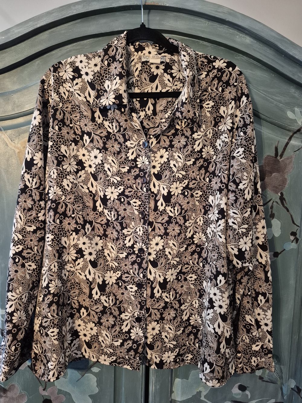 Notations Cottagecore Black and Cream Floral Button-Down Blouse